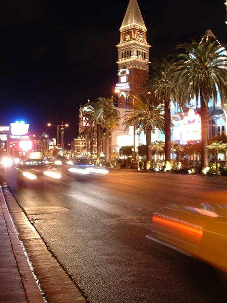 St Mark's Campanile replica at the Venetian, Las Vegas, blurred night traffic