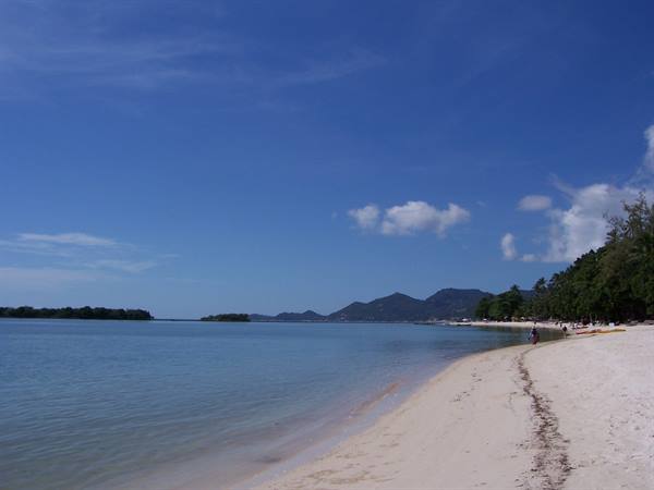 White sand beach, turquoise water, mountains and trees under blue sky