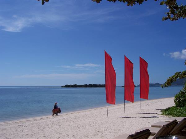 White sand beach with three red flags, man walking along the water