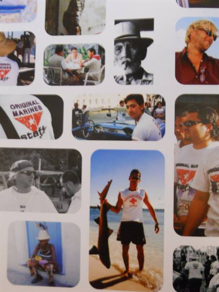 Collage of printed photos: men in Original Marines shirts, man holding shark on beach