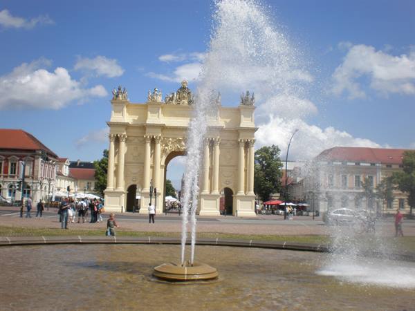 Brandenburg Gate of Potsdam with fountain
