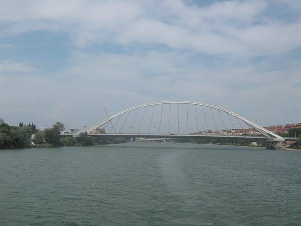 White bowstring arch bridge with cables spanning the river, Seville