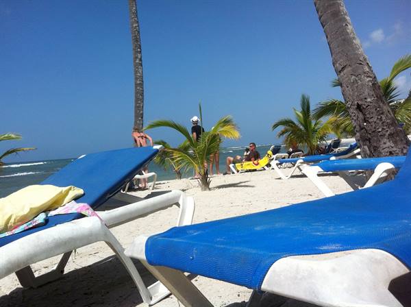 Blue sun loungers on white sand among palm trees and sea