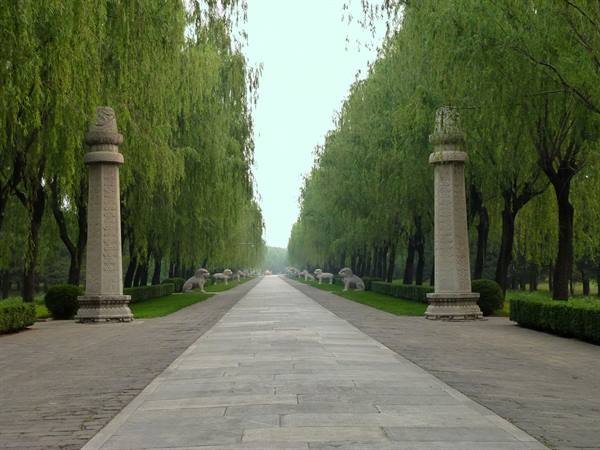 Stone-paved avenue flanked by carved stone columns and willows, ancient animal statues
