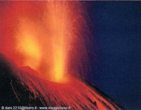 Night volcanic eruption: glowing lava fountains bursting from the crater
