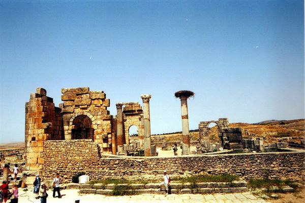 Roman ruins of Volubilis: stone columns and arches under blue sky, tourists walking
