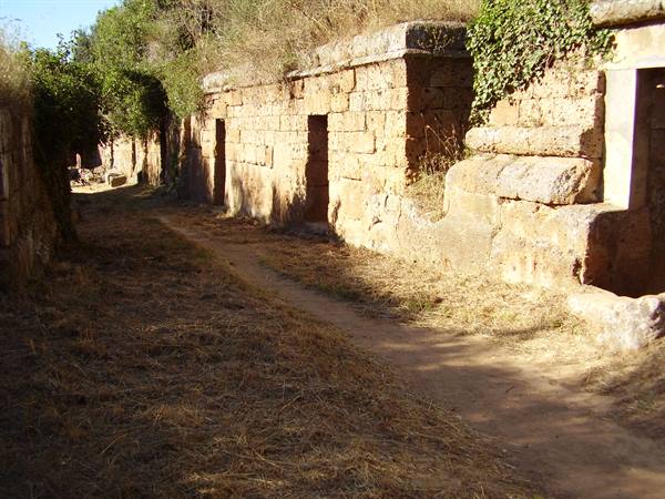 Rock-cut Etruscan chamber tombs in tuff at Cerveteri necropolis