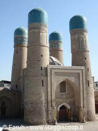 Four turquoise-domed brick towers of the Char Minar madrasa, Bukhara