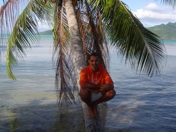 Man in orange hoodie sitting on a leaning palm trunk above turquoise water
