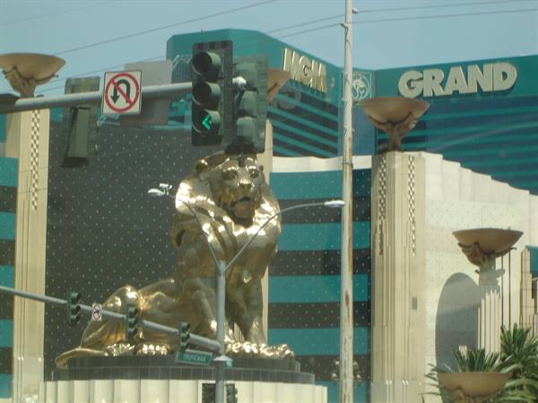 Golden lion statue in front of the MGM Grand entrance in Las Vegas