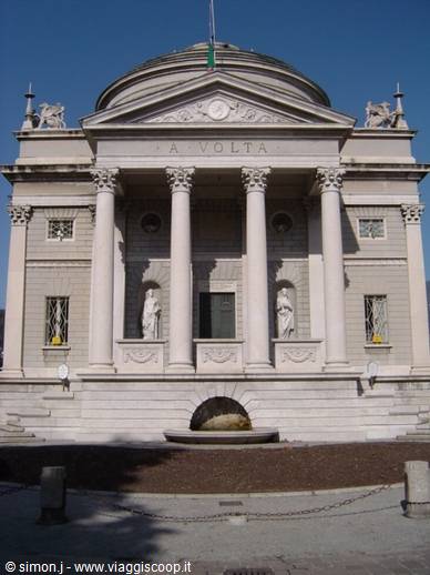 Volta Temple in Como, neoclassical marble facade with columns and statues