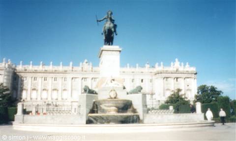 Bronze equestrian statue and fountain in front of the Royal Palace, Madrid