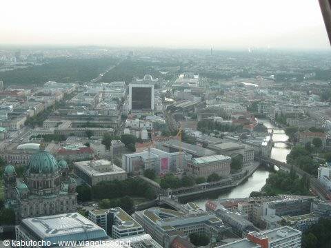 Berlin from above: green cathedral, Spree river and skyscraper among buildings
