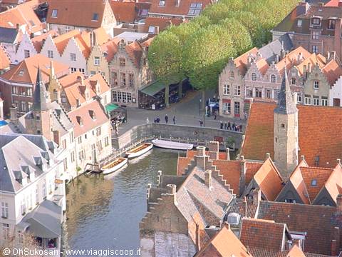 Red rooftops and the canal of Bruges seen from the belfry