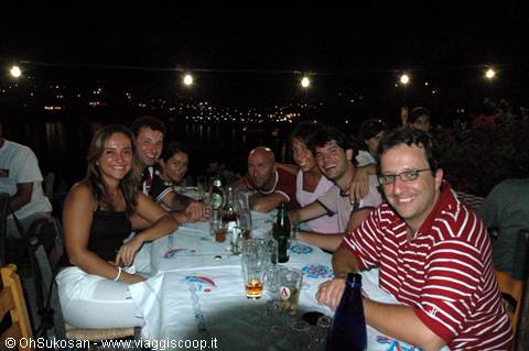 Group of smiling friends at an outdoor dinner table at night with beers