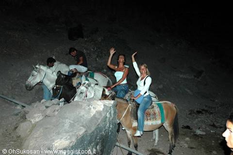 Women waving riding donkeys among rocks at night, camera flash