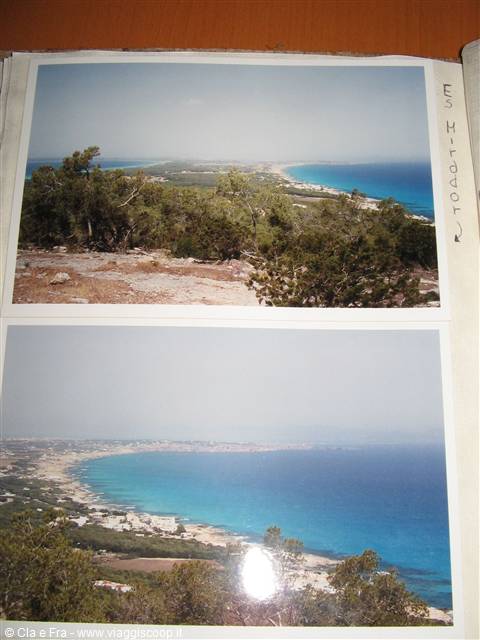 Two album photos: sandy turquoise coastline seen from Es Mirador, Formentera