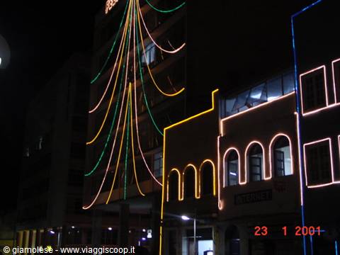 Building decorated with colorful Christmas lights at night in the city