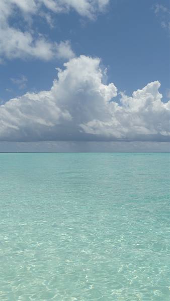 Clear turquoise water with white cumulus clouds above the sea horizon