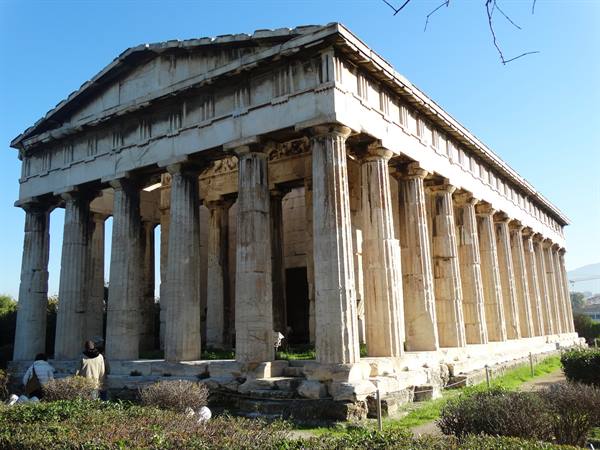 Temple of Hephaestus in Athens, Doric marble columns under blue sky