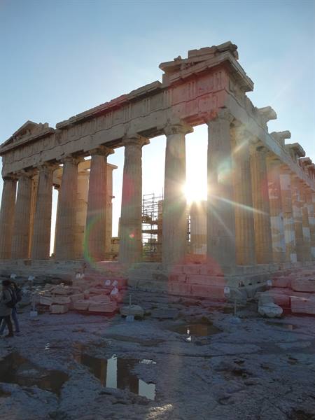 Sunlight through the columns of the Parthenon on the Acropolis, Athens