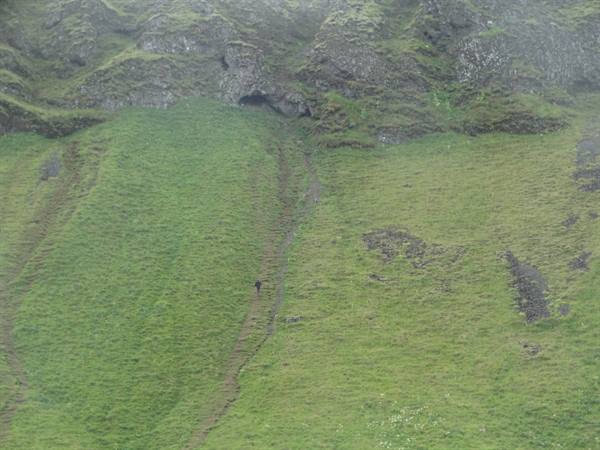 Lone hiker on steep trail through grassy green slopes and rocky cliffs