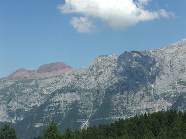 Dolomite rock walls above a fir forest, blue sky with clouds