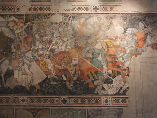Medieval fresco depicting armored knights battling on horseback