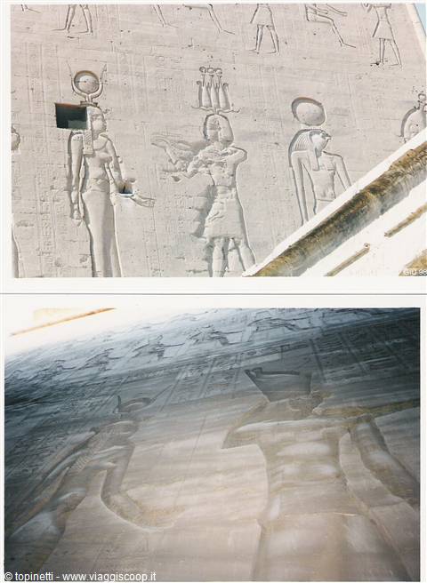 Egyptian gods carved in limestone reliefs at Dendera temple, bright sunlight