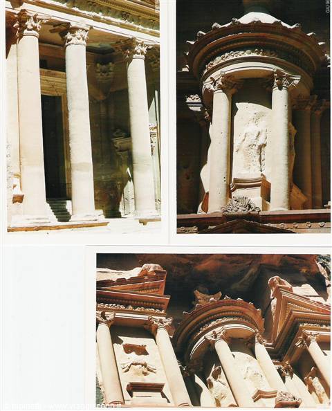 Corinthian columns of the Treasury facade carved in rock at Petra