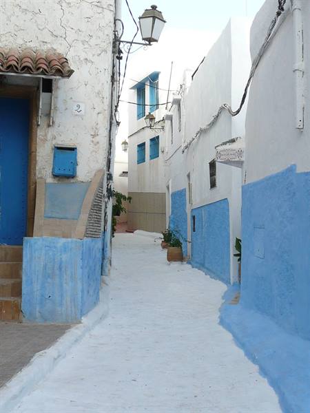Whitewashed alley with blue walls, lantern and plant pots, Kasbah of the Udayas