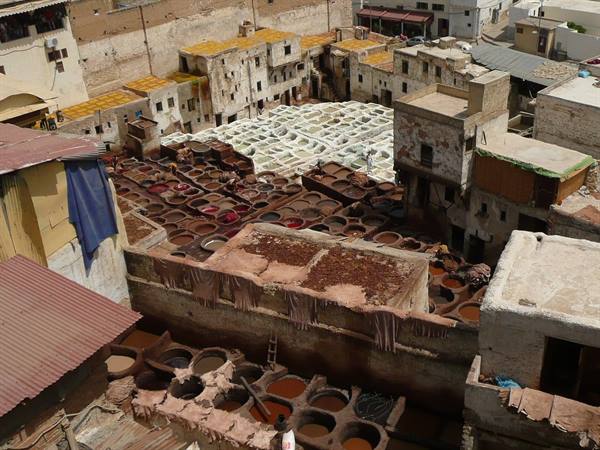 Chouara tannery in Fès, stone dyeing vats with hides drying in sunlight
