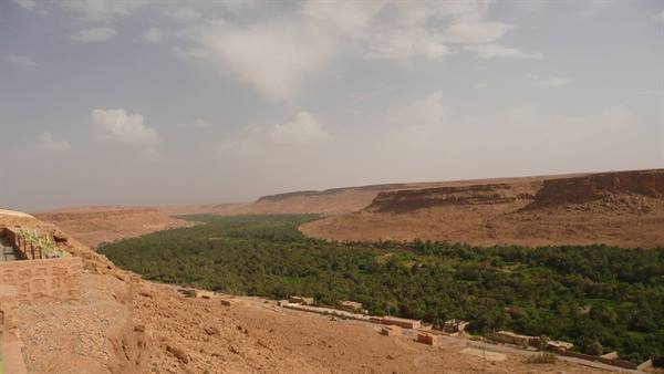 Green palm grove between rocky cliffs, mud-brick buildings under a cloudy sky
