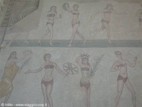 Roman mosaic of women in bikinis at Villa Romana del Casale