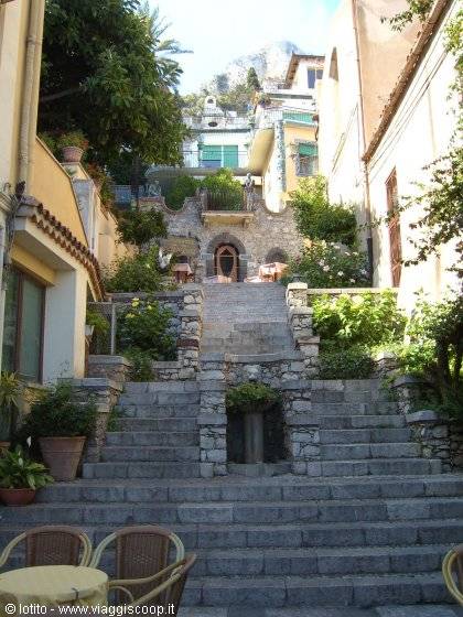 Stone staircase climbing between flowered houses in an old village