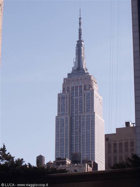 The Empire State Building limestone tower rises among New York rooftops