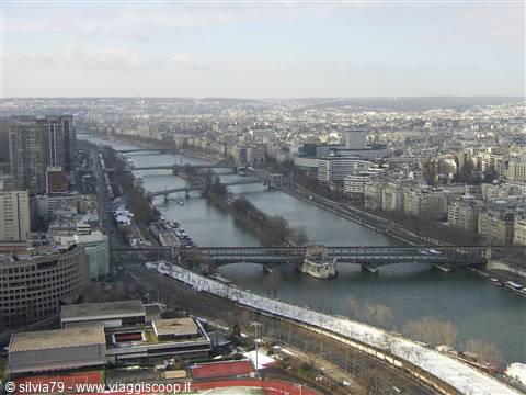 The Seine and its bridges seen from above, Paris under a cloudy sky
