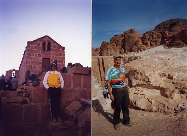 Tourist posing before the stone chapel on Mount Sinai and rocky cliffs
