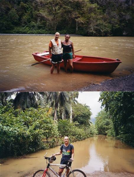 Couple by red boat on muddy river, cyclist on flooded road among palms