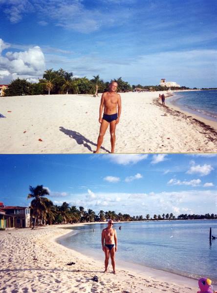 Two side-by-side photos: man in swimsuit on white sand beach with palms