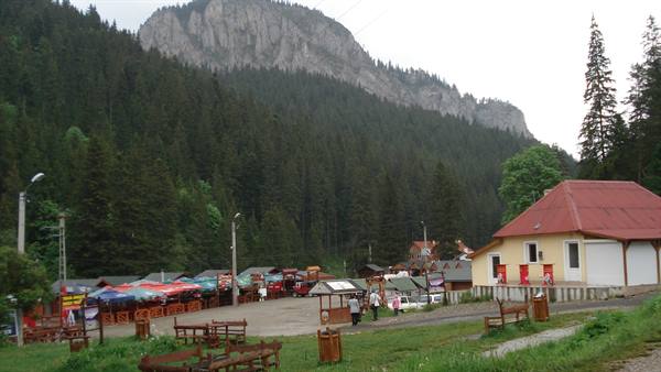 Vendor stalls with colorful umbrellas beneath a rocky cliff, spruce forests, visitors walking