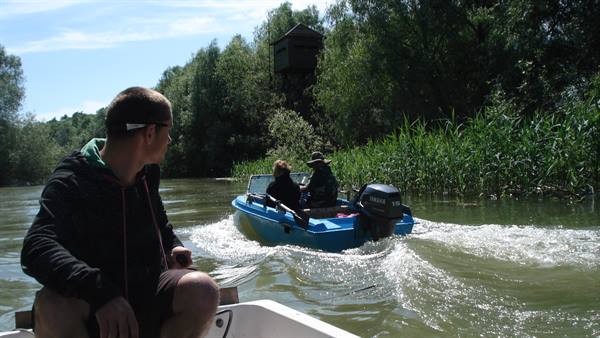 Blue motorboat among the reeds, a man on a nearby boat