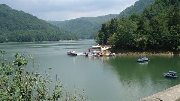 Boats and a ferry moored on Vidraru Lake, surrounded by forested hills under cloudy skies