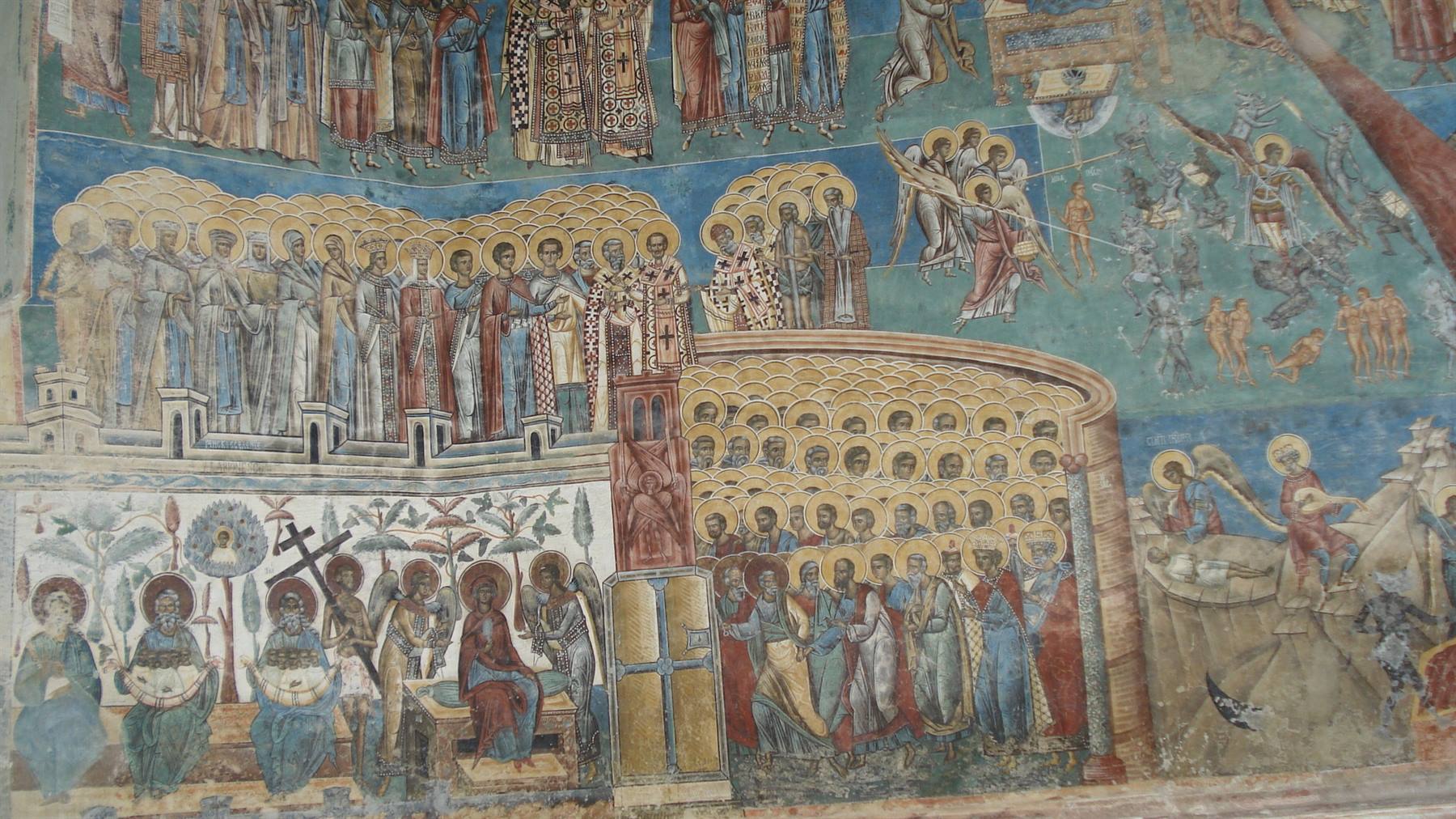 Byzantine frescoes painted on the outer wall of an Orthodox monastery
