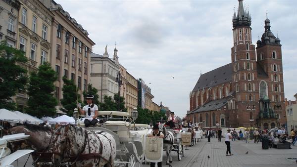 Horse-drawn carriages waiting by St. Mary's Basilica on Kraków's main square