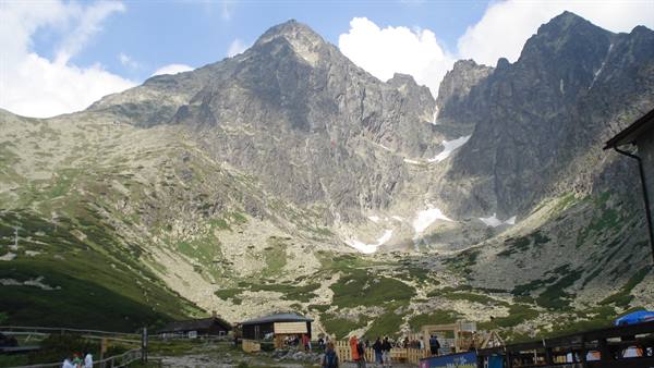 Tourists beneath steep rocky peaks with snow patches in High Tatras