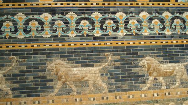 Glazed brick lions on blue tiles, Babylonian Ishtar Gate processional way
