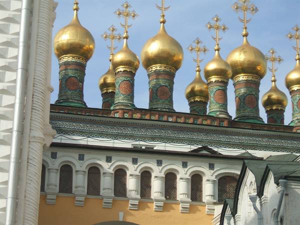 The golden domes of the Terem churches in the Moscow Kremlin