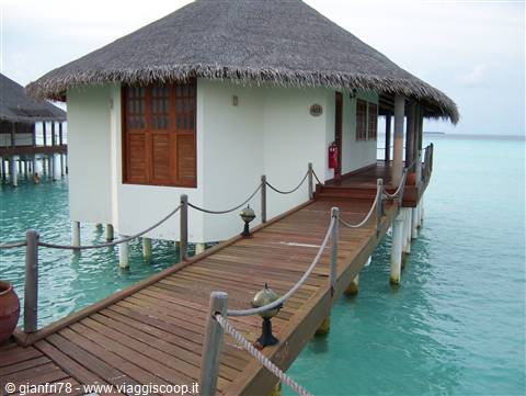 Stilt bungalow with thatched roof and wooden walkway over turquoise water