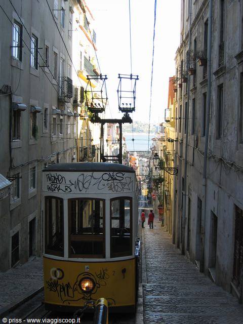 Yellow funicular with graffiti descends Lisbon's steep Bica hill